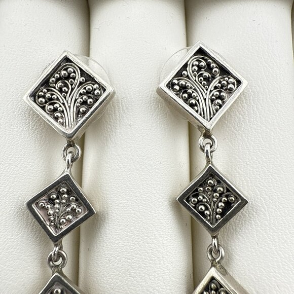 Vintage Lois Hill Earrings Sterling Silver Dangle Granulated Geometric Modernist - Picture 3 of 9